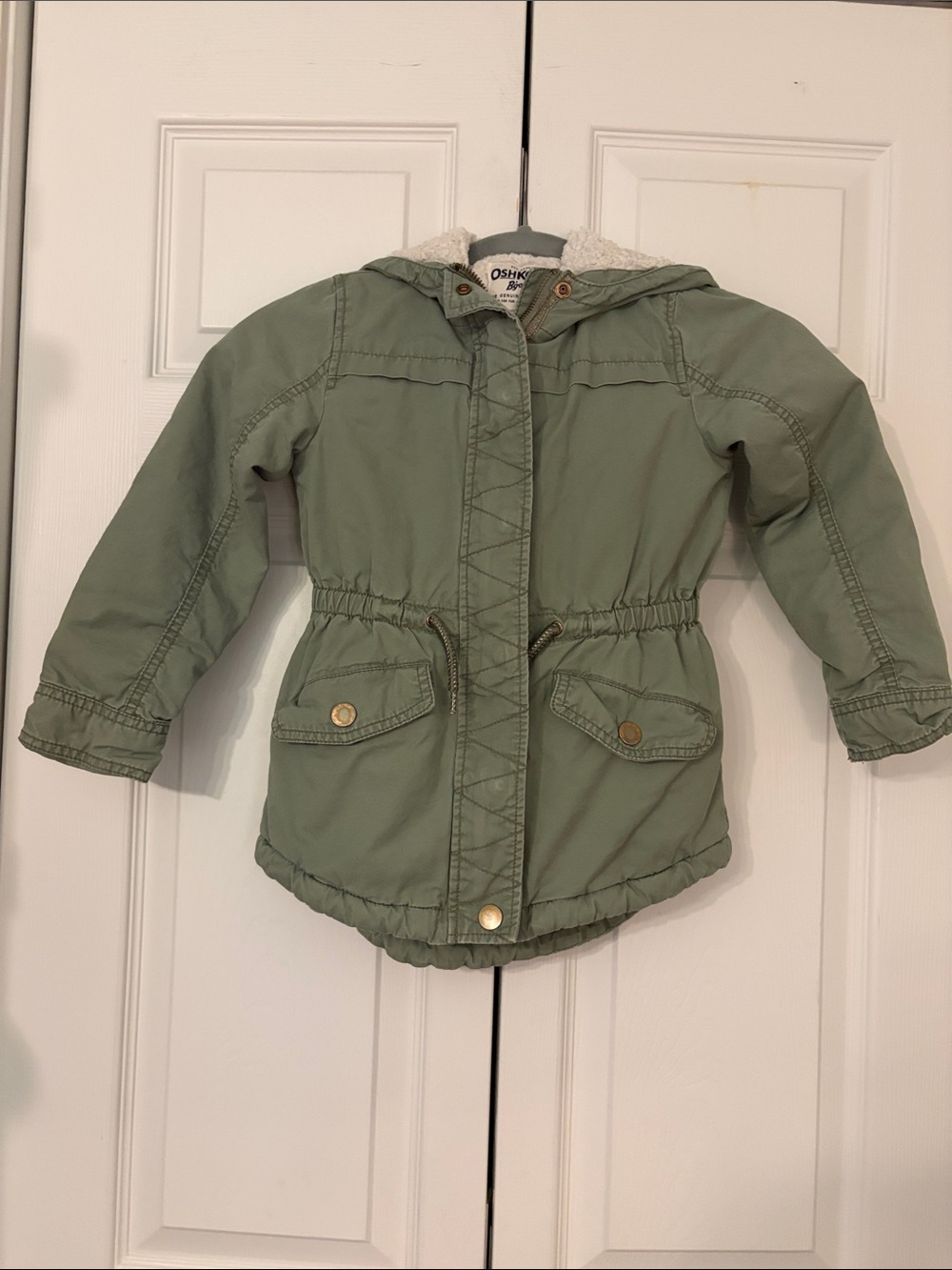 OshKosh B’Gosh Olive Green Cinched Utility Jacket Sherpa Lining & Hood Size 6